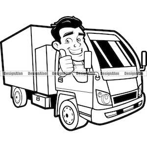 Caja de entrega Conductor de camión Personaje de dibujos animados Camionero Mover Vehículo de mudanza Transporte de carga Transporte de carga Logotipo Elemento de diseño de arte JPG PNG SVG Corte