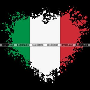 May include: A heart-shaped design with a green, white, and red Italian flag inside. The flag is surrounded by white paint splatters on a black background.