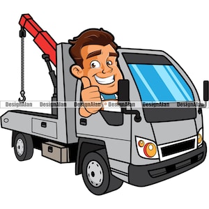 Tow Truck Driver Thumbs Up Happy Man Cartoon Towing Business Company Auto Vehicle Transport Service Worker Logo Color Design Element PNG SVG