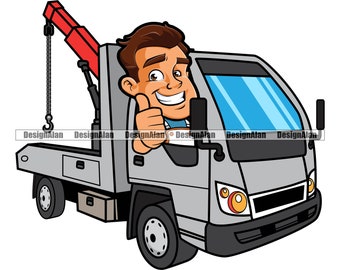 Sleepwagenchauffeur Duimschroef opwaarts Gelukkig Man Cartoon Sleepbedrijf Bedrijf Auto Voertuig Transport Service Werknemer Logo Kleur Ontwerpelement PNG SVG