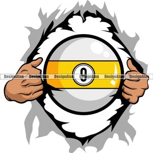 Puede incluir: Ilustración gráfica de un pecho rasgado que revela una bola de billar número 9. La bola es blanca con una franja amarilla y el número 9 en un círculo negro. Las manos son marrones y el fondo es blanco.
