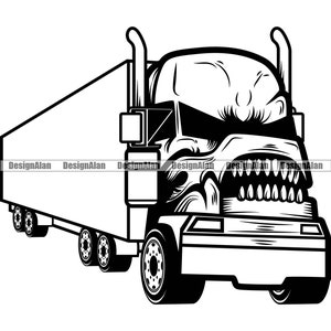 Skull Truck Driver Trucker Semi Skeleton Grill Tractor Trailer Cab Big Rig Delivery Trucking Move Moving Vehicle Logo Art Design PNG SVG Cut