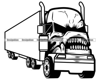 Teschio camionista camionista semi scheletro griglia trattore rimorchio cabina grande impianto di perforazione consegna autotrasporti spostare veicolo in movimento Logo Art Design PNG SVG taglio