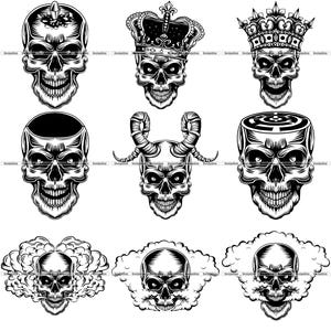 9 Skull SVG PNG T-Shirt Designs Bundle - Skeleton Head Tattoo Gothic Horror Biker King Devil Smoke Elements Clipart Cricut Cut Files POD Dtg