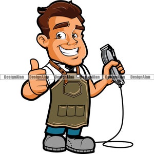 Barber Thumbs Up Personaje de dibujos animados Hombre de negocios Uniforme Clippers Peluquería Feliz Peluquero Corte de pelo Arte Color Logotipo Elemento de diseño PNG SVG