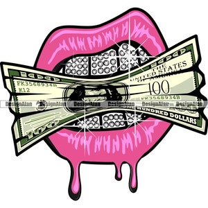 Sexy Pink Lips Dripping Woman Biting 100 Dollar Bill Diamond Teeth Drip Rich Hip Hop Cute Bite Kiss Tattoo Logo Color Design JPG SVG PNG Cut