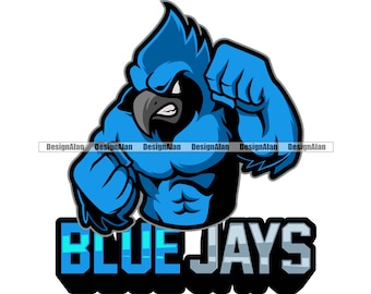 Puede incluir: Una mascota de arrendajo azul con una musculatura imponente, flexionando su brazo. La mascota tiene una expresión feroz y lleva un uniforme azul y negro. El texto "BLUE JAYS" está escrito debajo de la mascota en una fuente azul y gris.