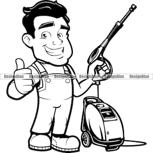 Pressure Washer Thumb Up Cartoon Man Washing Business House Home Clean Water Cleaning Machine Company Worker Logo Design Element PNG SVG Cut