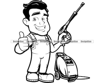 Pressure Washer Thumb Up Cartoon Man Washing Business House Home Clean Water Cleaning Machine Company Worker Logo Design Element PNG SVG Cut