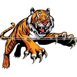 May include: A fierce orange and black tiger with sharp claws and a menacing expression is leaping forward with its mouth open.