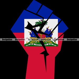 May include: A black fist raised in the air, with the flag of Haiti superimposed on it. The flag is blue, red, and green, with a coat of arms in the center. The fist is a symbol of strength and solidarity.
