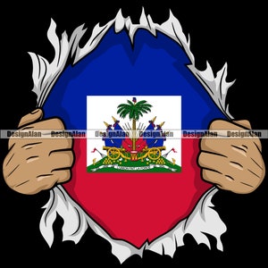 Haiti Haitian Creole Superhero Hands Ripping Open Shirt Showing Flag Through Pride Caribbean Nation Tattoo Color Design Element SVG PNG Cut