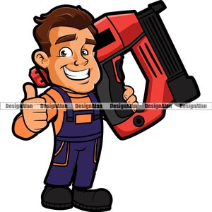 Roofer Thumb Up Cartoon Man Roofing Business House Home Repair Roof Company Nail Gun Handyman Service Work Logo Color Design Element PNG SVG
