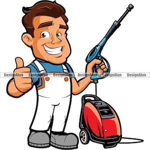 Pressure Washer Thumb Up Cartoon Man Washing Business House Home Clean Water Cleaning Machine Company Worker Logo Color Design JPG PNG SVG