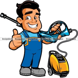 Pressure Washer Cartoon Man Washing Business House Home Clean Water Cleaning Machine Company Service Logo Color Design Element JPG PNG SVG