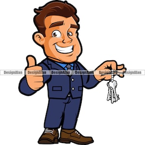 Vendedor de autos de bienes raíces Pulgares arriba Feliz personaje de dibujos animados Agente de bienes raíces Traje de negocios Ventas Vender Comprar Logotipo de la empresa Elemento de diseño de color PNG SVG