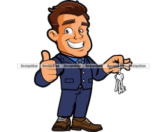 Real Estate Car Salesman Thumbs Up Happy Cartoon Character Realtor Business Suit Sales Sell Buy Company Logo Color Design Element PNG SVG