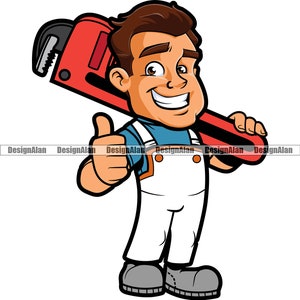 Plumber Thumb Up Cartoon Man Plumbing Business House Home Repair Company Pipe Wrench Handyman Service Work Logo Color Design Element PNG SVG