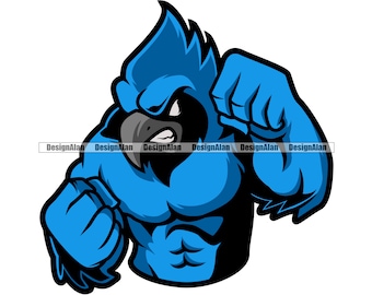 Bluejay Blue Jay Bird Scuola Mascotte Sport Squadra Personaggio dei cartoni animati Arrabbiato Media Testa di animale Arte vettoriale Colore Design Elemento JPG PNG SVG Taglio