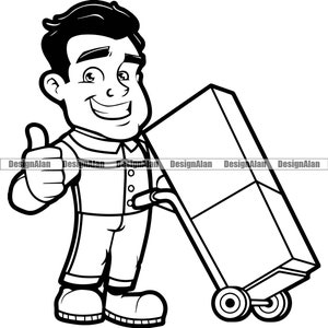 Mover Thumbs Up Hombre feliz Personaje de dibujos animados Empresa de negocios en movimiento Caja de entrega Camión de mano Servicio Trabajador Logotipo Elemento de diseño PNG SVG Corte