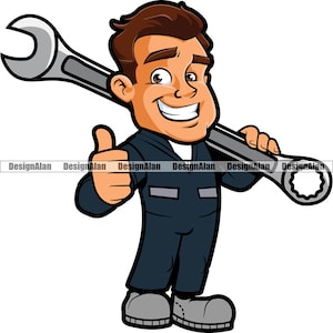 Mecánico Pulgares arriba Hombre feliz Dibujos animados Garaje Negocio Reparación de automóviles Empresa Llave Manitas Servicio Trabajador Logotipo Color Diseño Elemento PNG SVG