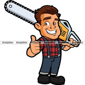 Lumberjack Thumbs Up Happy Man Cartoon Character Business Company Chainsaw Tree Cutting Landscaping Worker Logo Color Design Element PNG SVG