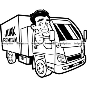 Junk Removal Truck Delivery Vehicle Happy Man Thumbs Up Cartoon Character Trash Removal Business Company Logo Design Element JPG PNG SVG Cut