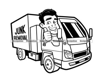 Rimozione spazzatura camion veicolo di consegna uomo felice pollice in alto personaggio dei cartoni animati rimozione rifiuti azienda aziendale logo design elemento JPG PNG SVG taglio