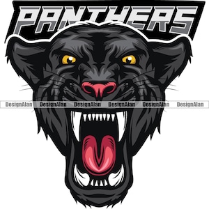 Panther School mascota equipo deportivo personaje de dibujos animados gruñendo enojado gran gato fantasía vector logotipo arte texto color elemento de diseño JPG PNG SVG corte