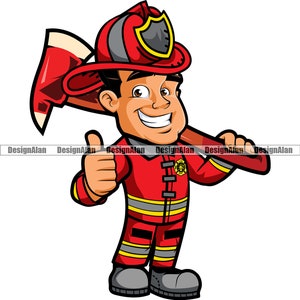 Bombero Pulgares arriba Feliz personaje de dibujos animados Mascota Bombero Hacha Casco de extinción de incendios Empresa comercial Logotipo Elemento de diseño de color JPG PNG SVG