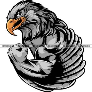 American Bald Eagle School Mascot Sports Team League Fantasy Mean Muscle Bird Flexing Vector Art Logo Color Design Element JPG PNG SVG Cut