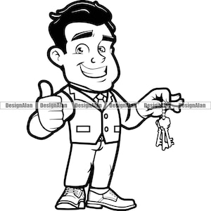 Real Estate Car Salesman Thumbs Up Happy Cartoon Character Realtor Uniform Business Suit Sales Sell Buy Company Logo Design Element PNG SVG