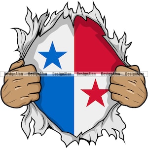 May include: A cartoon illustration of a hand ripping through a white surface, revealing the flag of Panama. The flag is red, white, and blue with a blue star on the white stripe and a red star on the red stripe.