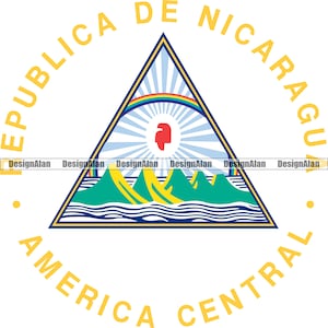 May include: The coat of arms of Nicaragua, featuring a blue triangle with a rainbow, a red volcano, and three green mountains. The text "REPUBLICA DE NICARAGUA" and "AMERICA CENTRAL" are written in a gold circle around the triangle.