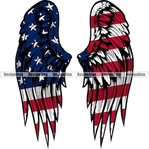 May include: A pair of wings with the American flag design. The wings are stylized and have a distressed look.