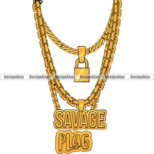 Op de afbeelding: Gouden ketting met een hangslot en een hanger met de tekst "SAVAGE PLUG".