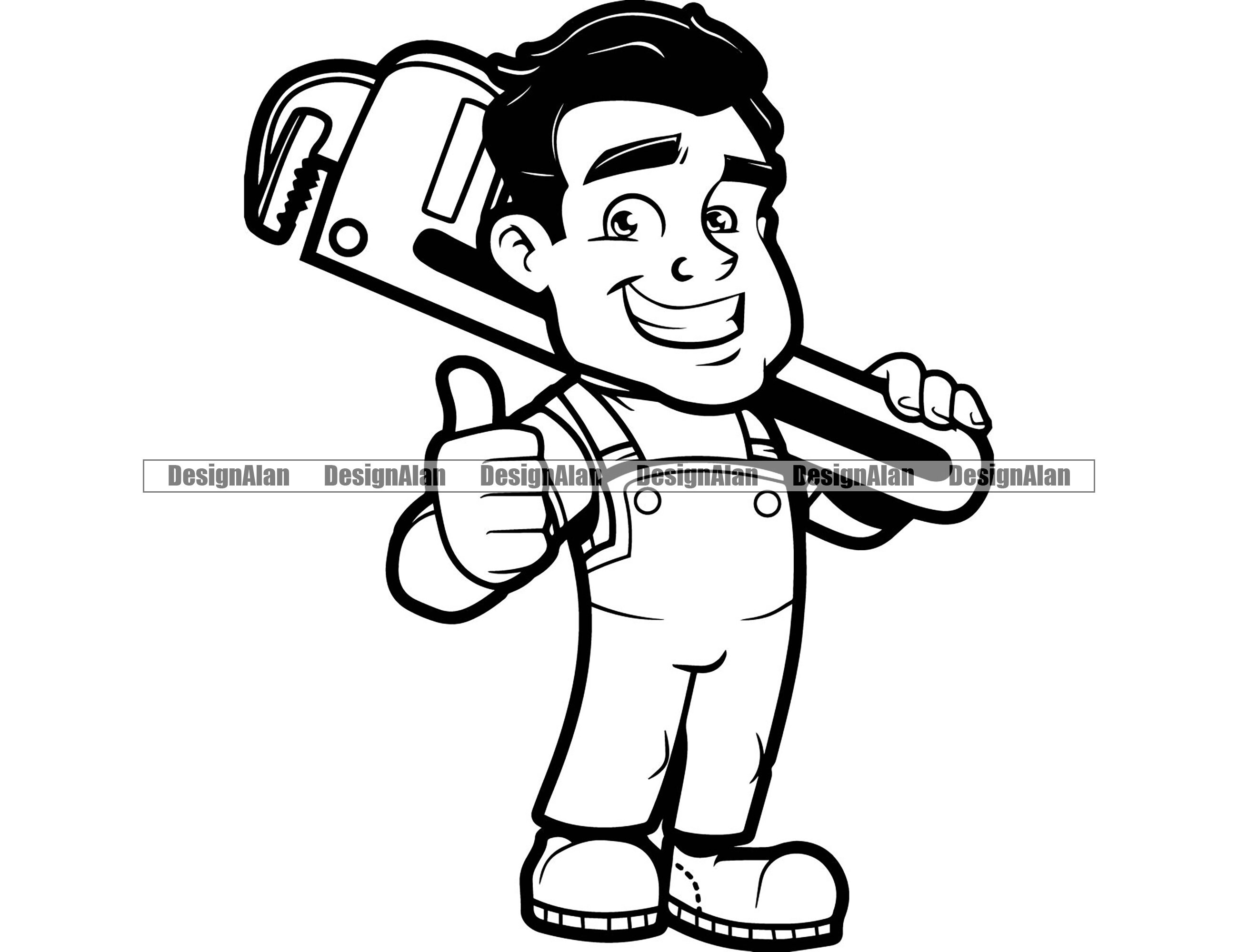 Plumber Thumb Up Cartoon Man Plumbing Business House Home Repair Company Pipe Wrench Handyman Service Worker Logo Design Element PNG SVG Cut