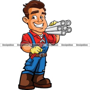 Plumber Thumb Up Cartoon Man Plumbing Business House Home Repair Company Pipe Wrench Boots Handyman Worker Logo Color Design Element PNG SVG