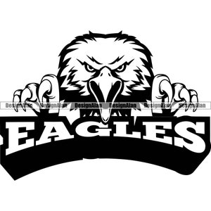 Peut inclure: Illustration en noir et blanc d'une tête d'aigle qui dépasse d'une bannière avec le mot "EAGLES" en lettres blanches.