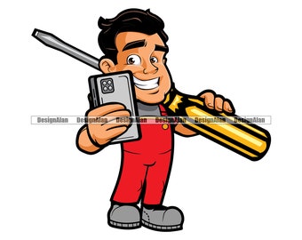 Cell Phone Repair Man Service Happy Cartoon Character Screwdriver Business Company Tech Technician Art Logo Color Design Element JPG PNG SVG