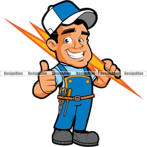 Electricista hombre pulgar hacia arriba feliz personaje de dibujos animados rayo eléctrico empresa de negocios reparación tecnología logotipo color elemento de diseño JPG PNG SVG