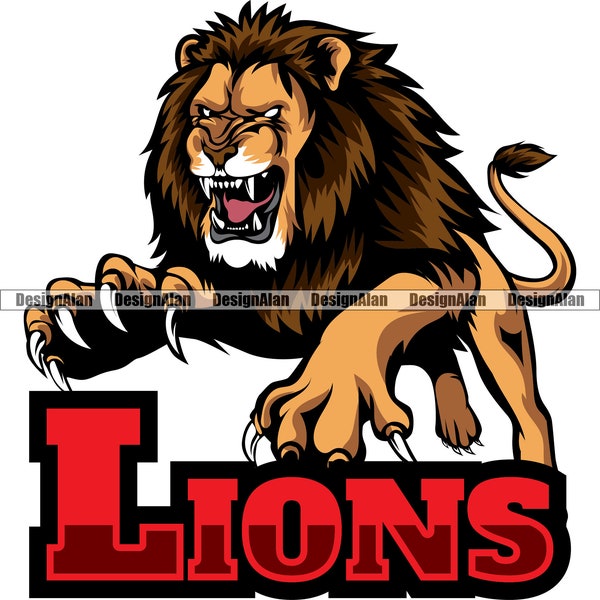 Lion School Mascot Sports Team Cartoon Character Big Cat Claws Attacking Animal Fantasy Vector Art Color Text Design Element JPG PNG SVG Cut