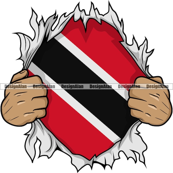 Trinidad And Tobago Trinidadian Superhero Hands Ripping Open Shirt Showing Flag Through Caribbean Tattoo Color Design Element SVG PNG Cut