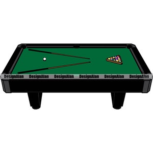 May include: A black pool table with a green felt surface. Two pool cues are angled across the table, with a white cue ball and a rack of numbered billiard balls. The table has black legs and a black border.