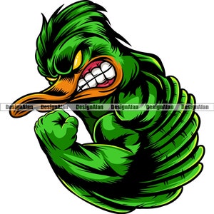 Duck School Mascot Sports Team League Fantasy Cartoon Character Angry Bird Flex Muscles Vector Art Logo Color Design Element JPG PNG SVG Cut