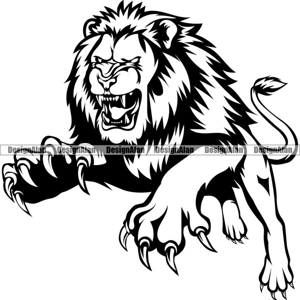 Lion School Mascot Sports Team Cartoon Character Big Cat Claws Attacking Animal Fantasy League Vector Art Design Element JPG PNG SVG File