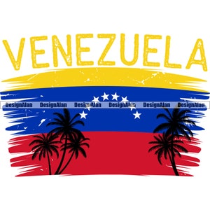 Puede incluir: Una imagen de estilo de pinceladas desgastadas de la bandera venezolana con palmeras a cada lado. La bandera es amarilla, azul y roja con un diseño de estrellas en la sección azul. El texto "VENEZUELA" está en amarillo en la parte superior de la imagen.