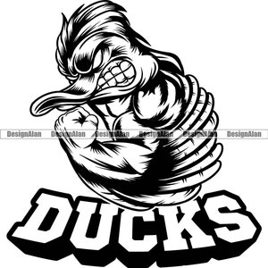 Duck School Mascot Sports Team League Fantasy Cartoon Character Angry Bird Flex Muscles Vector Art Logo Text Design Element JPG PNG SVG Cut