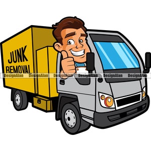 Junk Removal Truck Delivery Vehicle Happy Man Thumbs Up Cartoon Character Trash Removal Business Company Logo Color Design Element PNG SVG