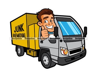 Ongewenste verwijdering vrachtwagen levering voertuig gelukkig man duimschroef opwaarts stripfiguur afvalverwijdering bedrijfslogo kleur ontwerpelement PNG SVG